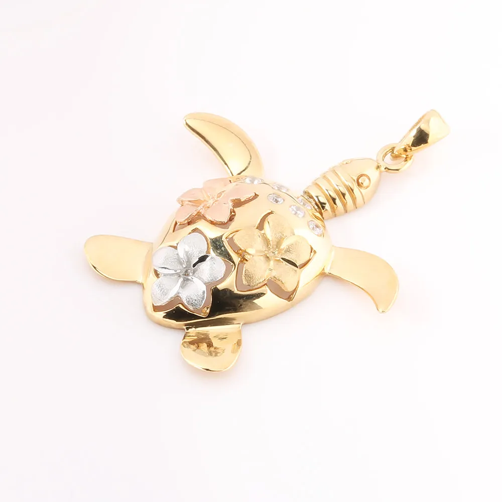 14K Tri-Color Gold Honu (Hawaiian Turtle) with Plumeria and CZ Pendant (Chain Sold Separately)