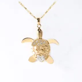 14K Tri-Color Gold Honu (Hawaiian Turtle) with Plumeria and CZ Pendant (Chain Sold Separately)