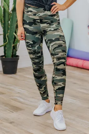 Be Better Than Yesterday Camo Printed Elastic Waist Leggings in Olive Green