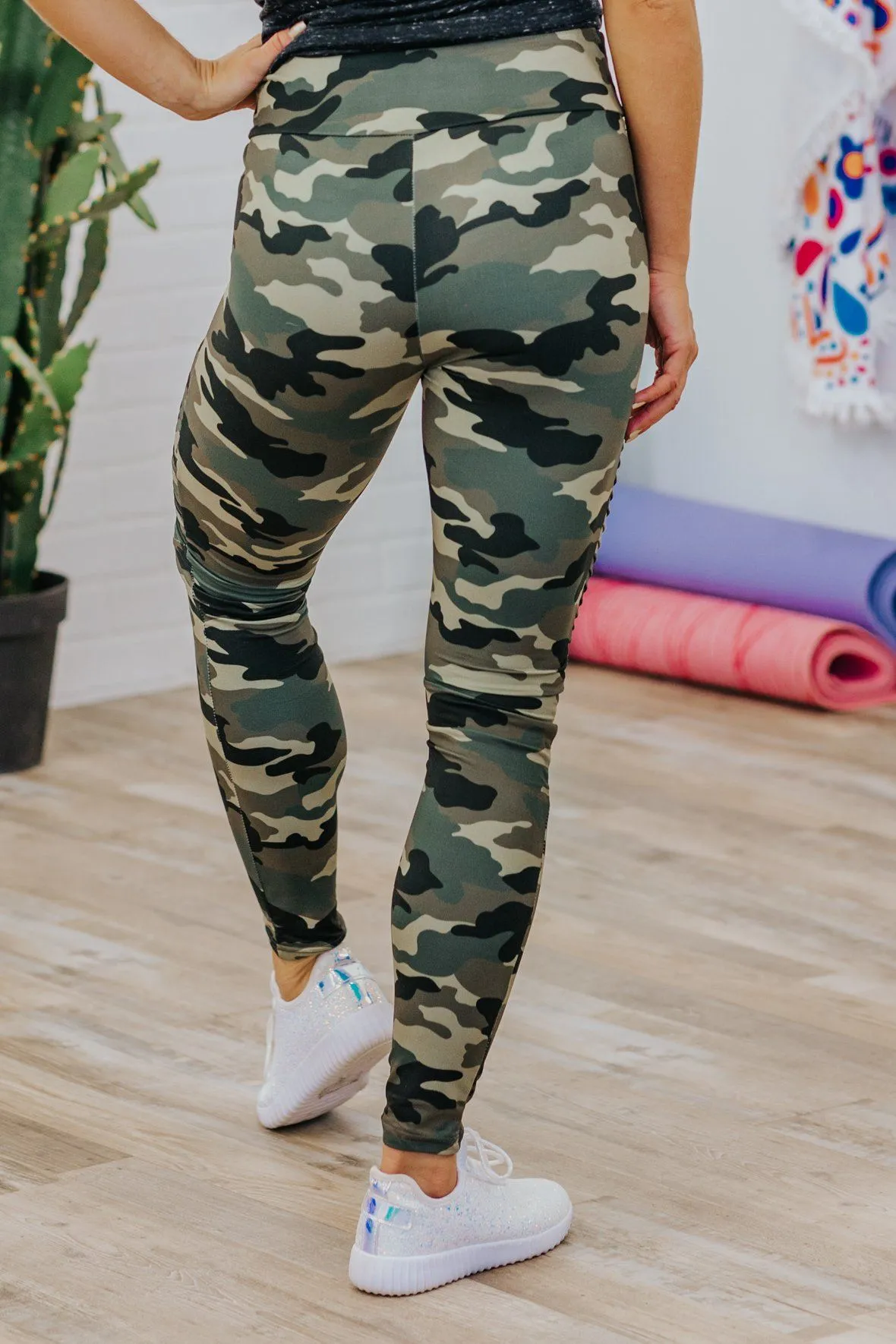 Be Better Than Yesterday Camo Printed Elastic Waist Leggings in Olive Green