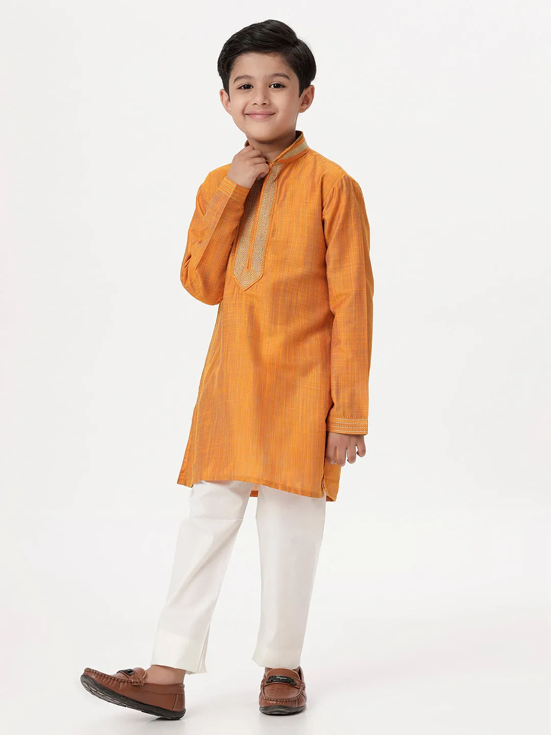 Boys Cotton Embellished Neckline Full Sleeves Orange Kurta with Pyjama Pant Combo EMD3