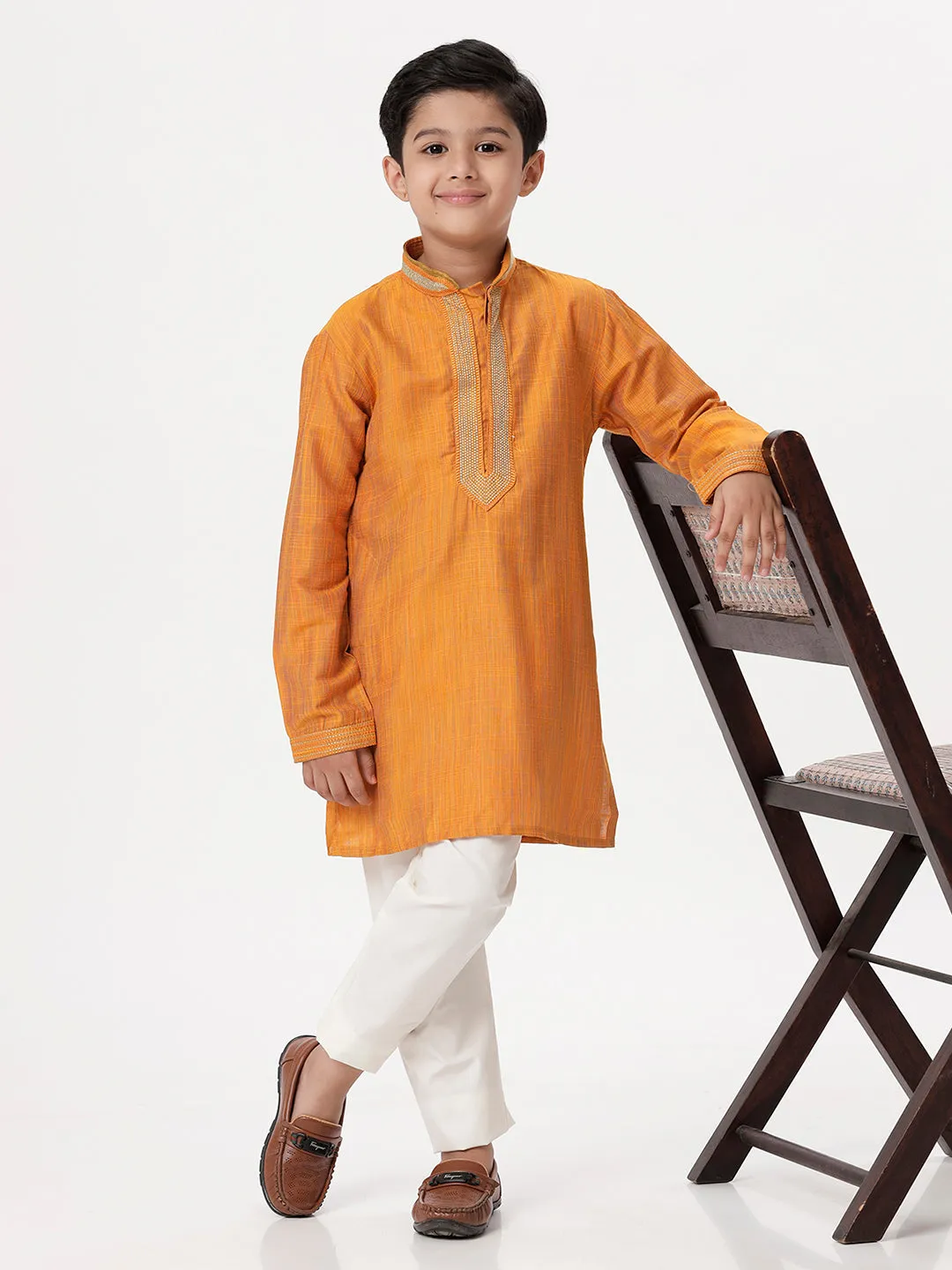 Boys Cotton Embellished Neckline Full Sleeves Orange Kurta with Pyjama Pant Combo EMD3