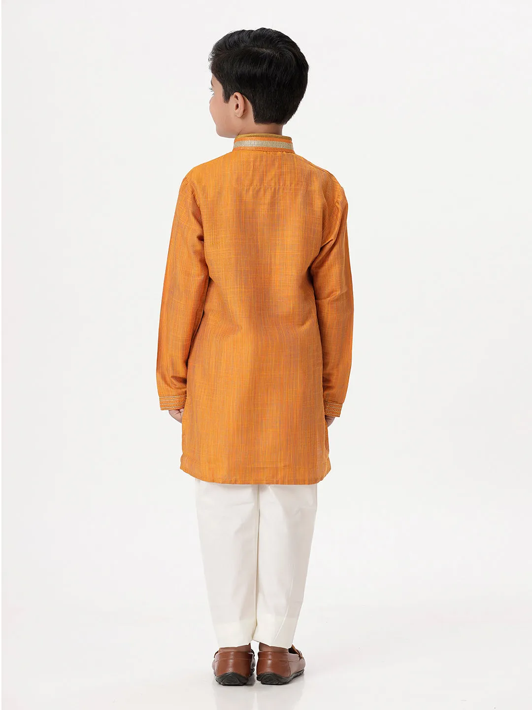 Boys Cotton Embellished Neckline Full Sleeves Orange Kurta with Pyjama Pant Combo EMD3