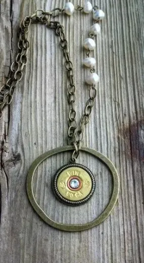 Brass 20 Gauge Shotgun Shell & Pearl Necklace