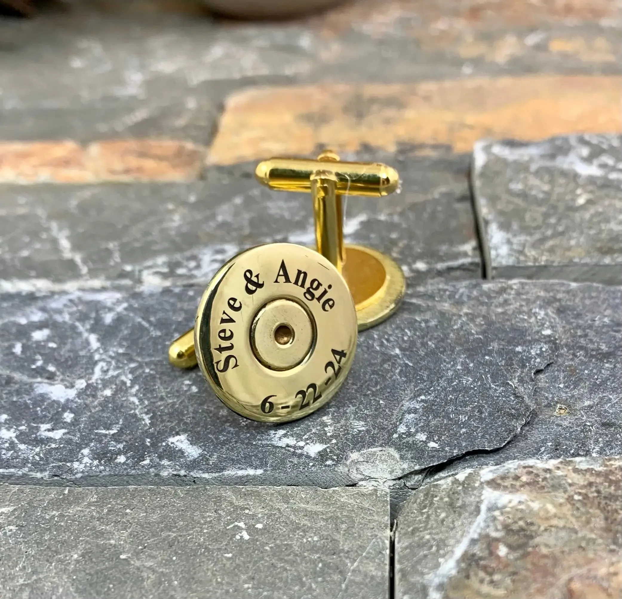 Custom Engraved 50 Caliber Bullet Cufflinks, 50 Caliber Brass Cufflinks, Personalized Cufflinks, Wedding, 50 BMG, 50 Cal, Gold Tone, Recycled, Unique