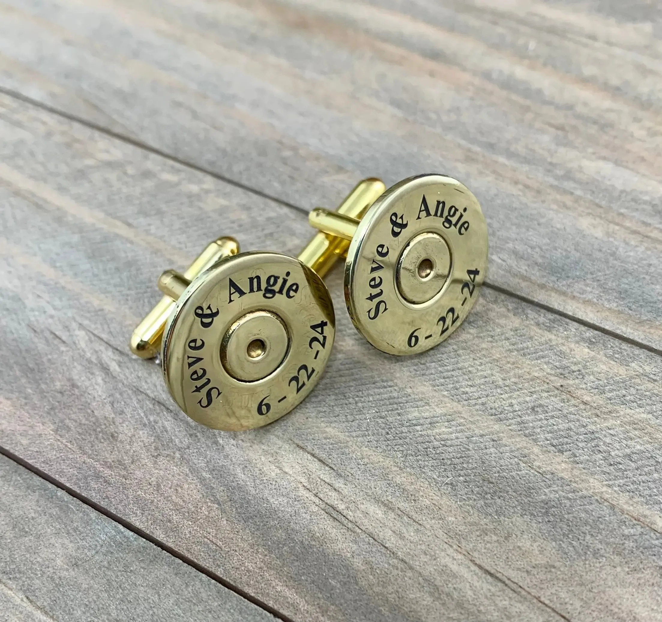 Custom Engraved 50 Caliber Bullet Cufflinks, 50 Caliber Brass Cufflinks, Personalized Cufflinks, Wedding, 50 BMG, 50 Cal, Gold Tone, Recycled, Unique