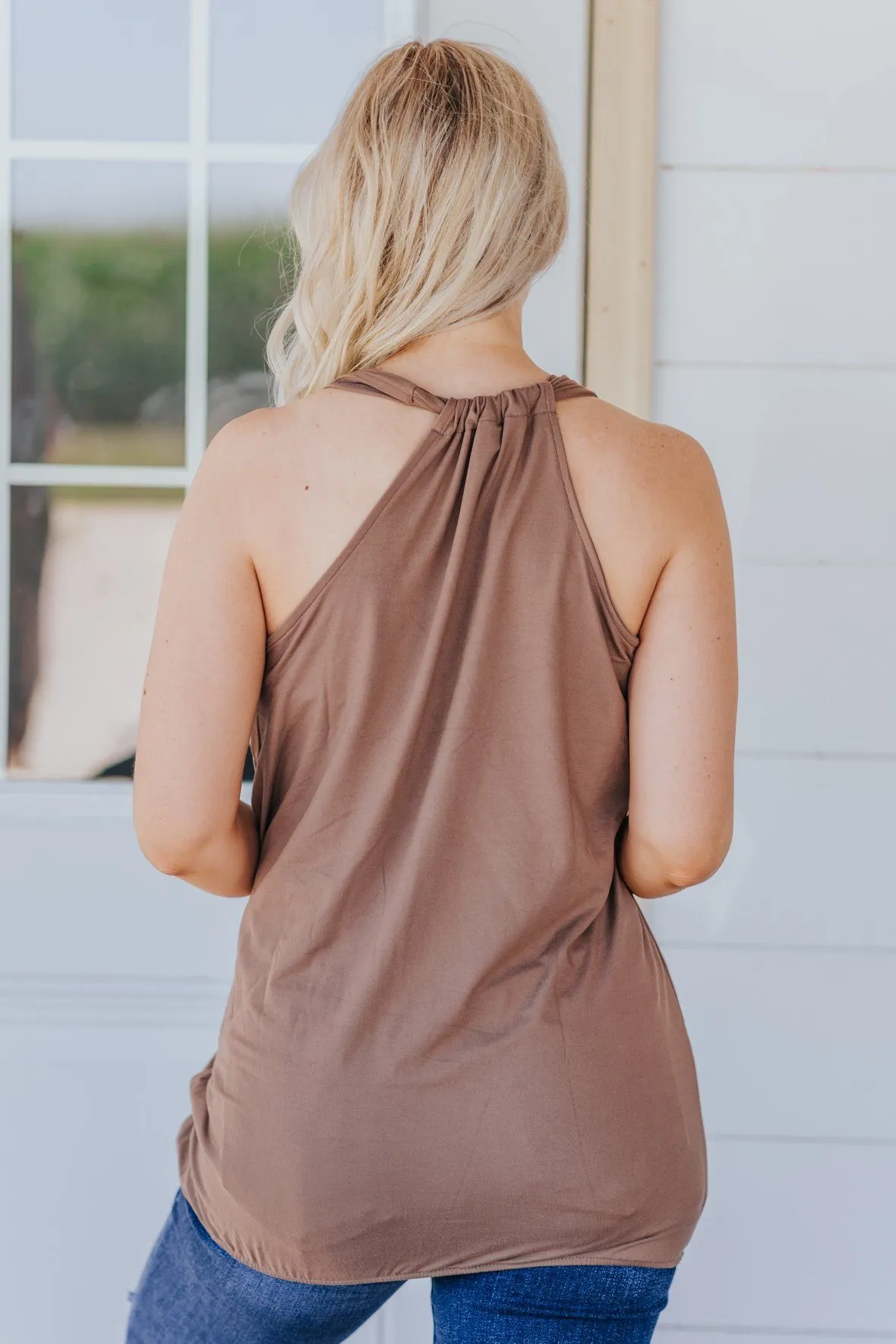 Dance With Me Surplice Halter Sleeveless Tank Top in Mocha