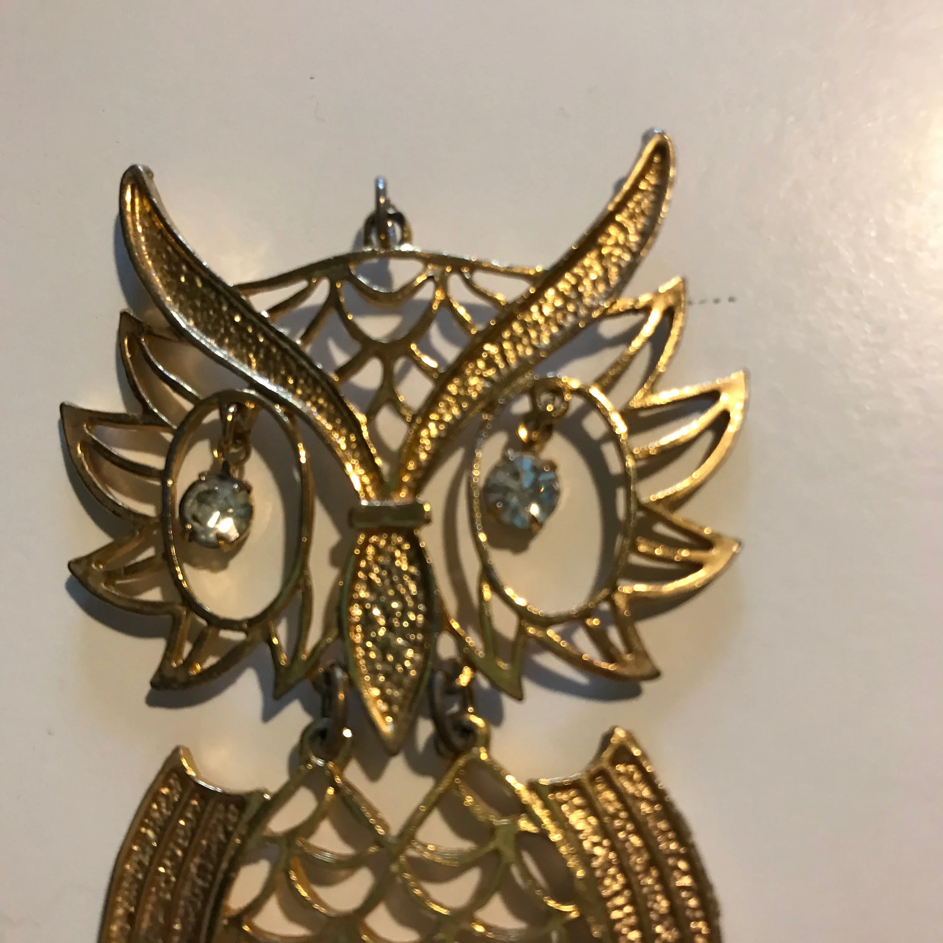 Gold Tone Metal Delicate Articluated Owl Pendant Dangling Rhinestone Eyes circa 1970s