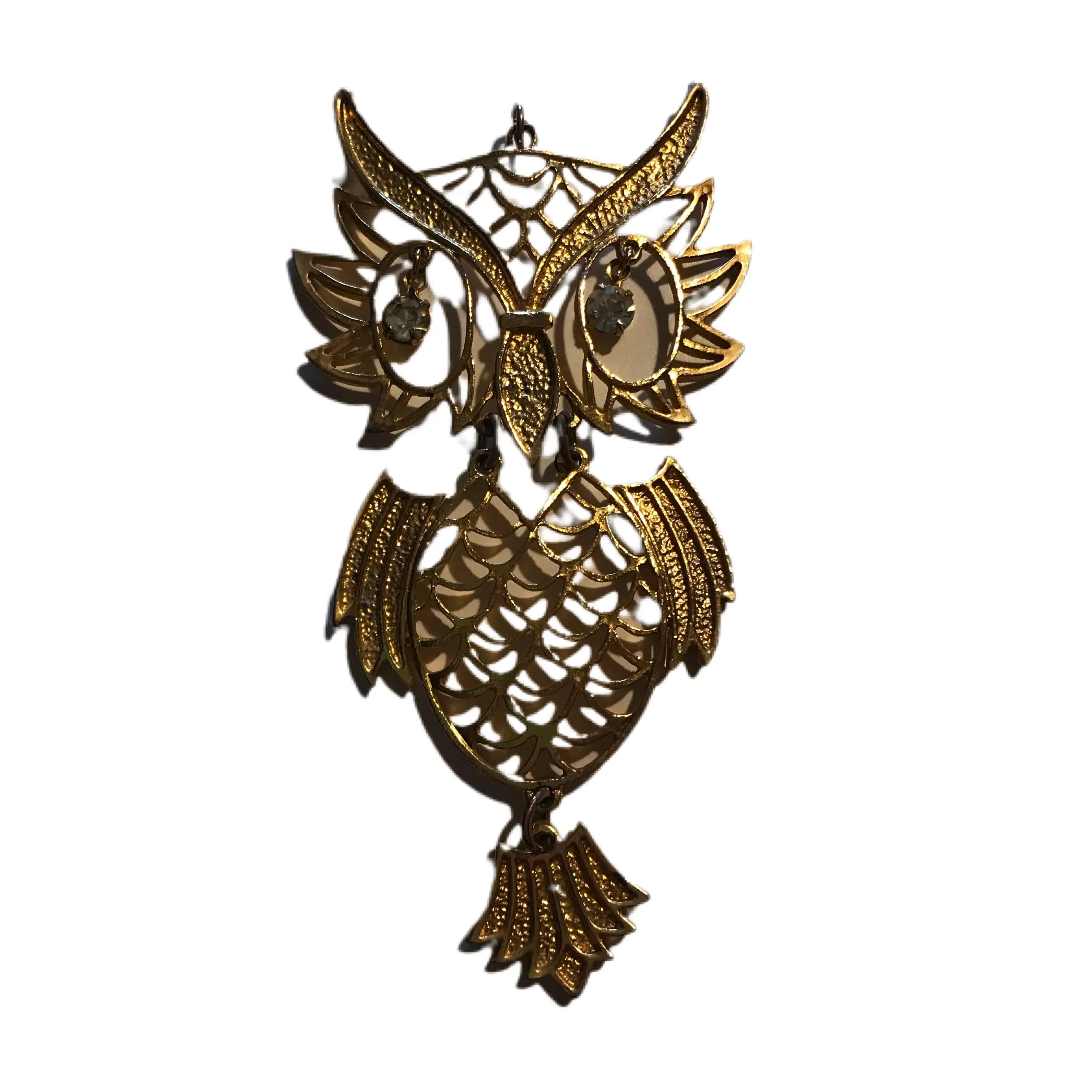 Gold Tone Metal Delicate Articluated Owl Pendant Dangling Rhinestone Eyes circa 1970s