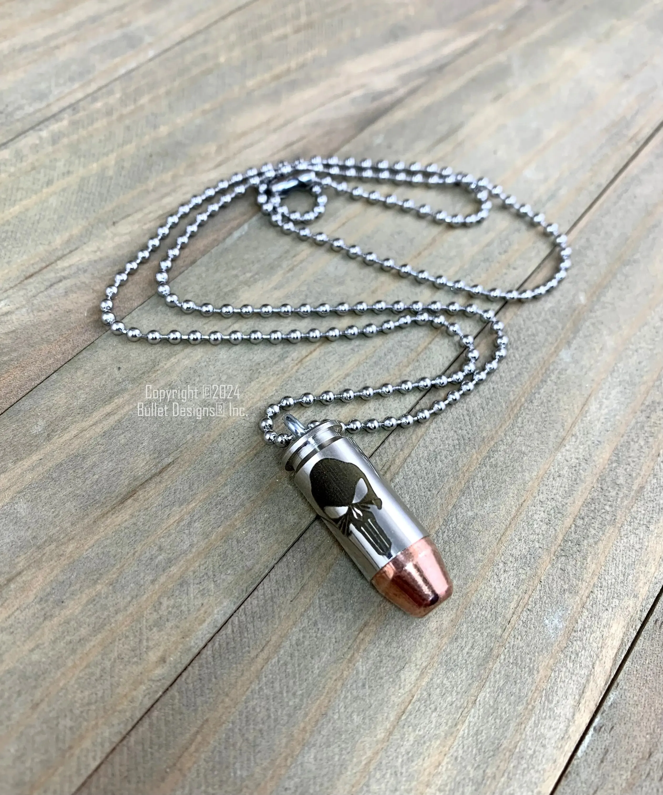 Punisher Skull Bullet Necklace, 40 Caliber Bullet & Nickel Casing, Silver Stainless Steel Ball Chain, Dark Laser Engraving