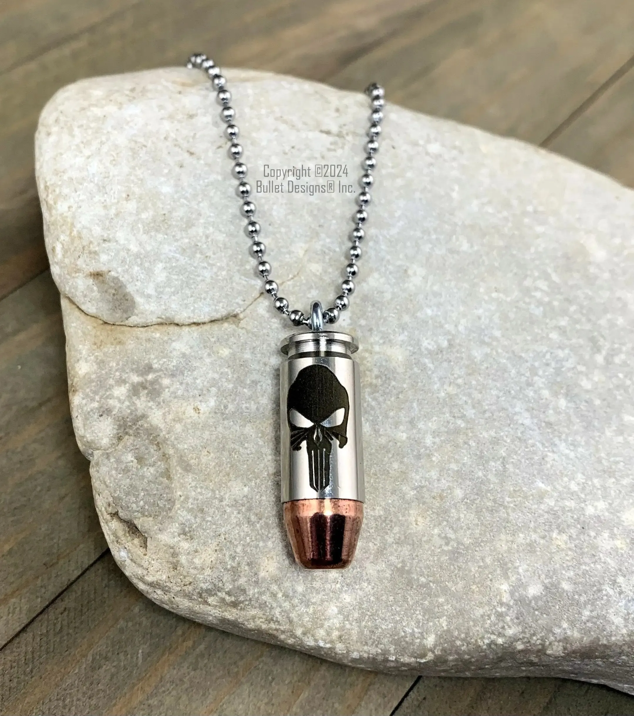 Punisher Skull Bullet Necklace, 40 Caliber Bullet & Nickel Casing, Silver Stainless Steel Ball Chain, Dark Laser Engraving