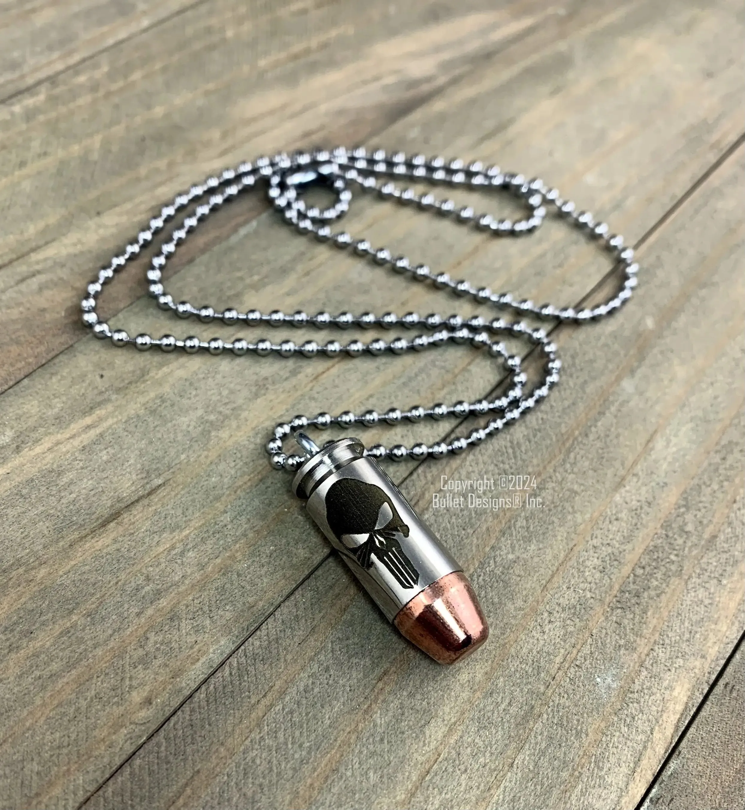 Punisher Skull Bullet Necklace, 40 Caliber Bullet & Nickel Casing, Silver Stainless Steel Ball Chain, Dark Laser Engraving