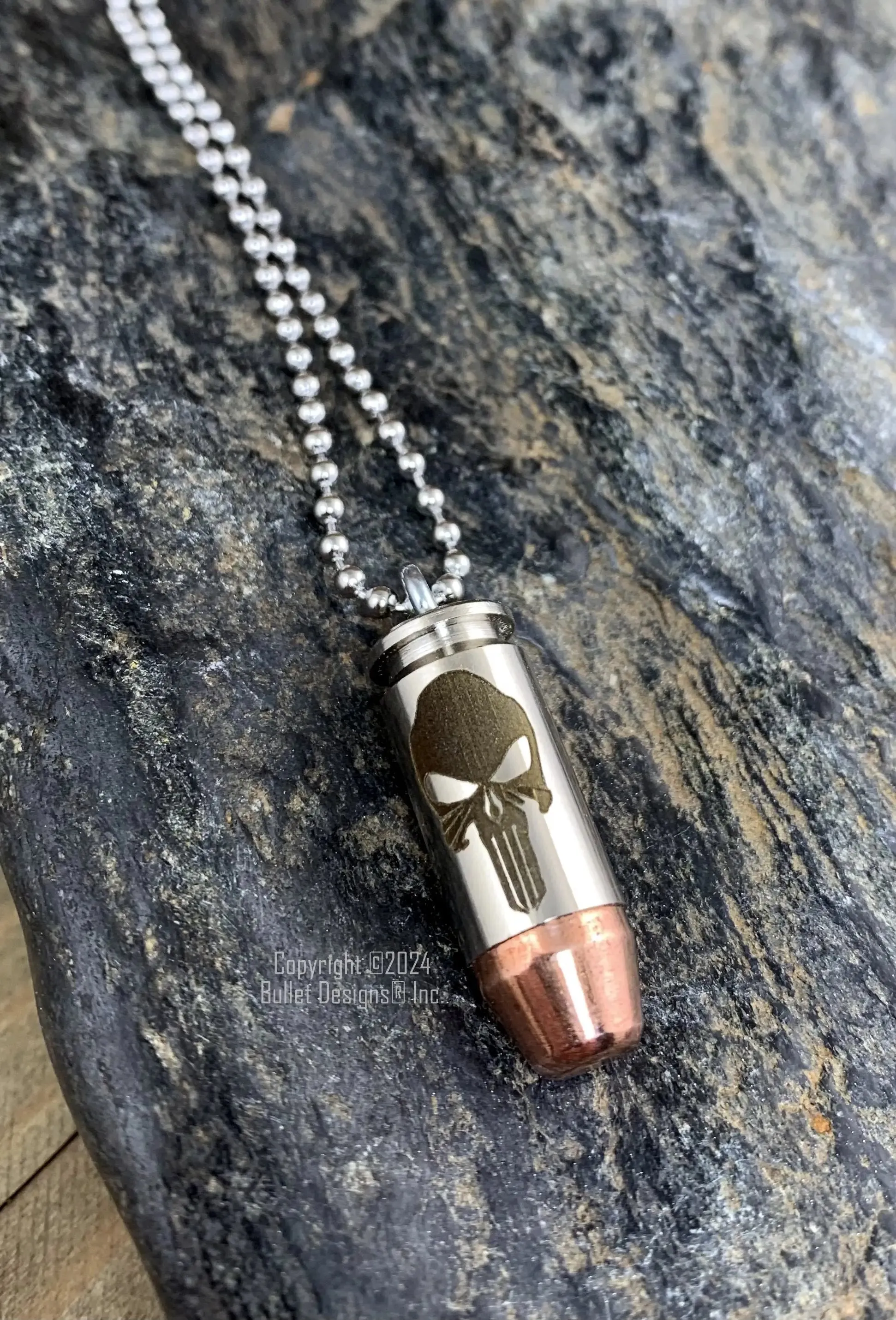 Punisher Skull Bullet Necklace, 40 Caliber Bullet & Nickel Casing, Silver Stainless Steel Ball Chain, Dark Laser Engraving